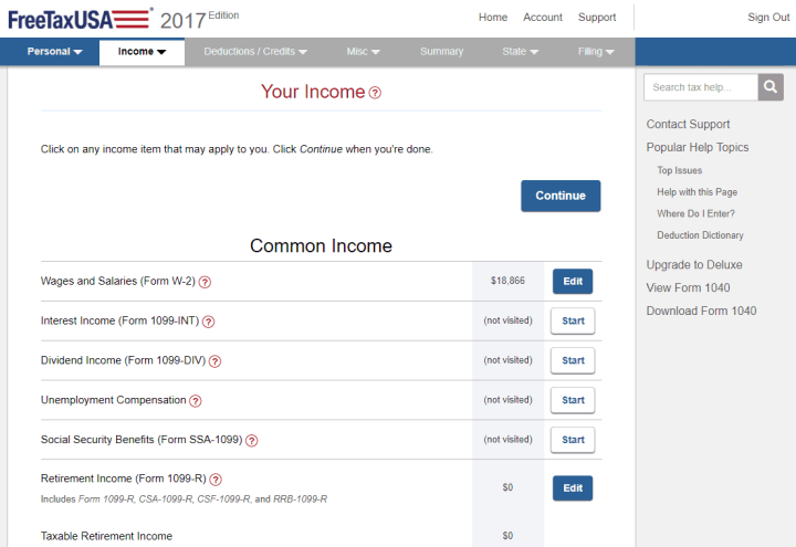 Categorization of Income Topics in FreeTaxUSA
