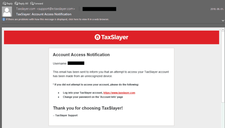 An Automated Warning Message by TaxSlayer