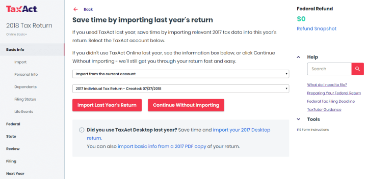 Automated Importing of Previous Year's Return Into TaxAct
